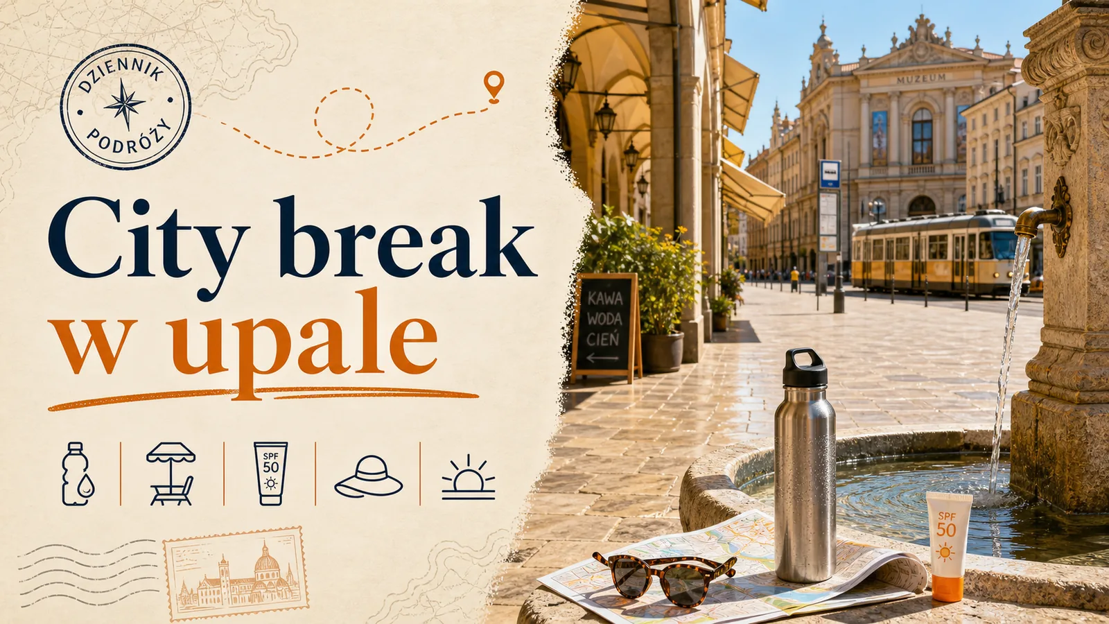 Okładka Przygodnie City break w upale z rozgrzanym europejskim placem, fontanną, butelką wody, okularami, mapą i ikonami cienia oraz kremu SPF.