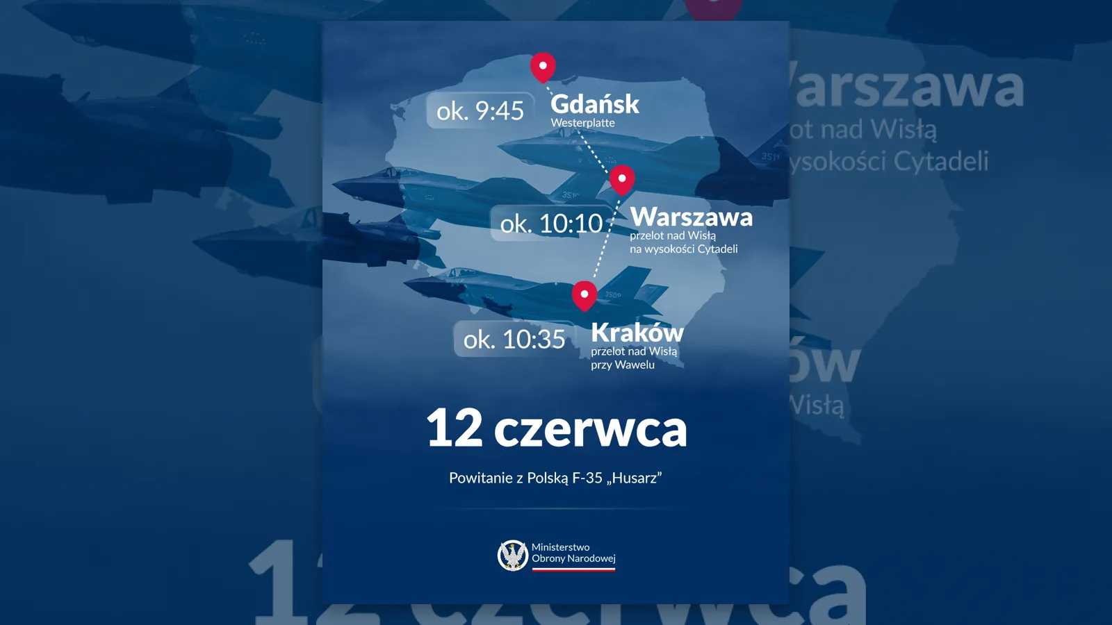 Mapa trasy przelotu F-35 Husarz 12 czerwca 2026 przez Gdańsk, Warszawę i Kraków.