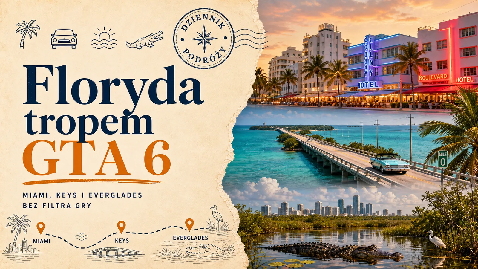 Okładka Przygodnie o Florydzie tropem GTA 6: neonowe Miami, palmy, mapa podróży przez Keys i bagna Everglades w stylu magazynu podróżniczego.
