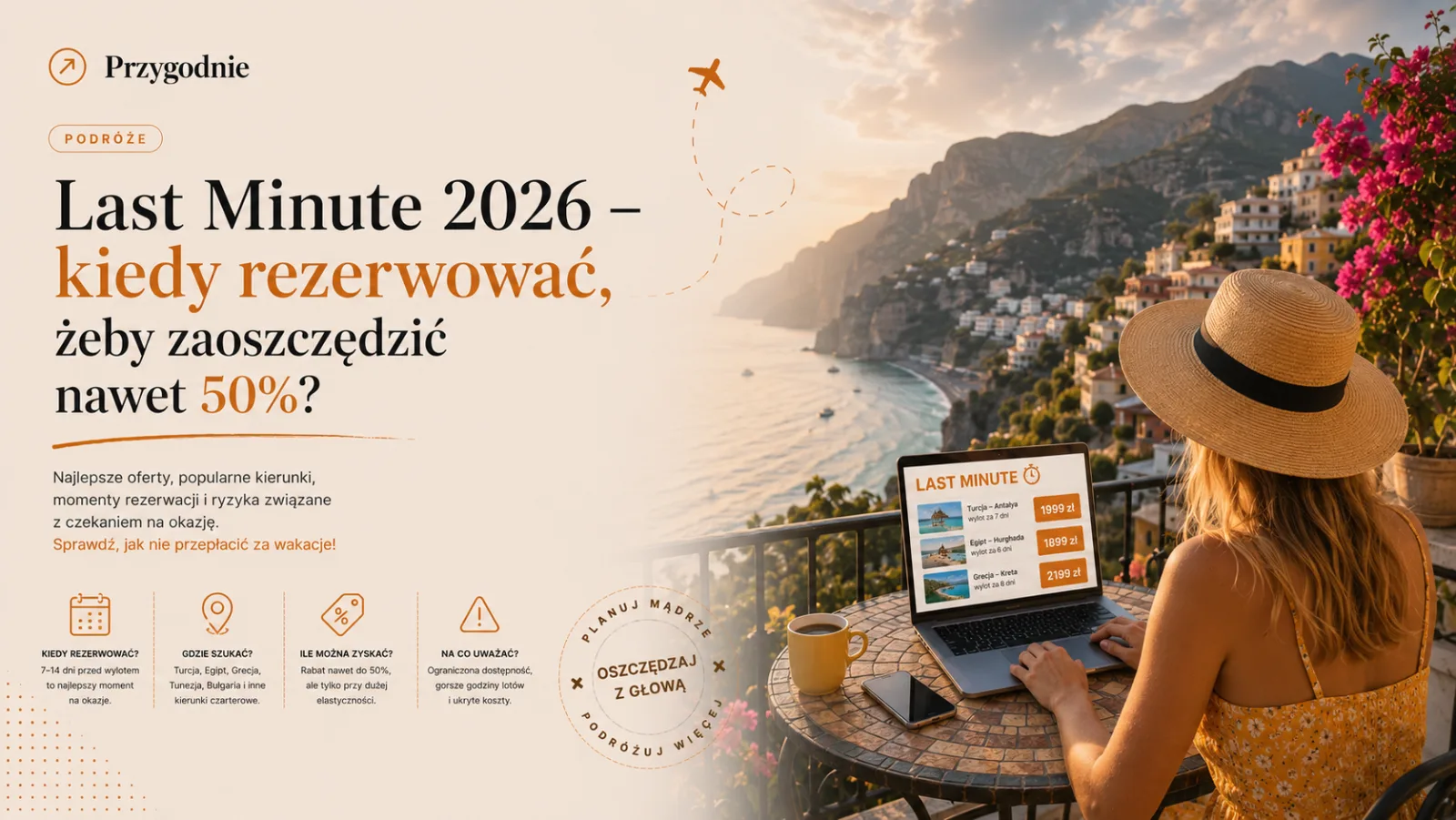 Walizka, paszport i wakacyjne akcesoria jako okładka poradnika Last Minute 2026 o rezerwacji tanich wyjazdów.