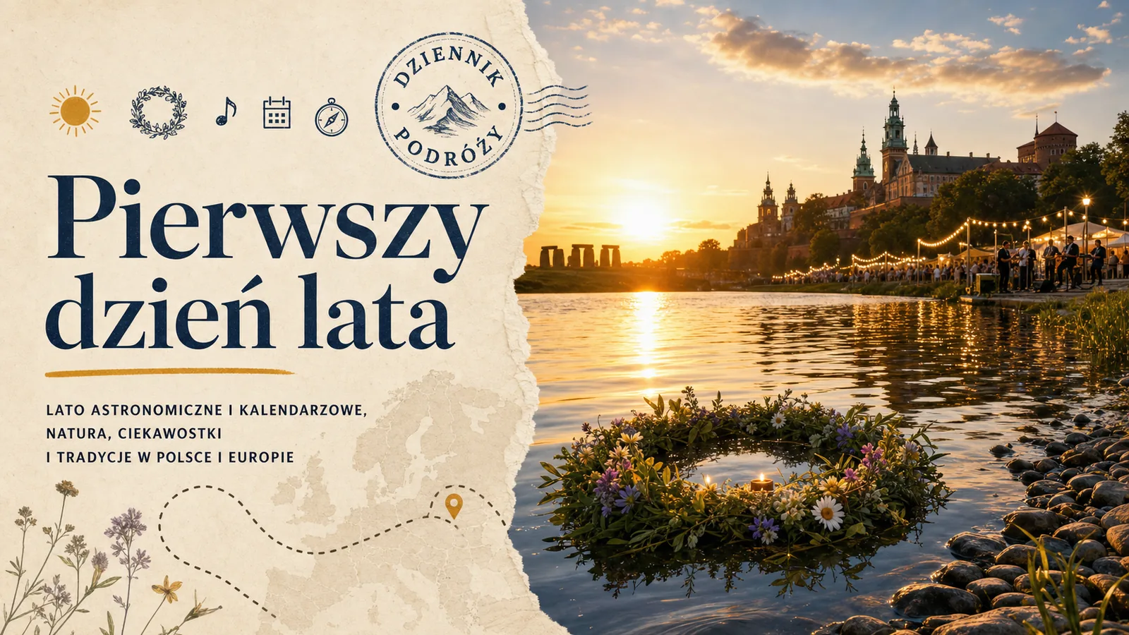 Okładka Przygodnie o pierwszym dniu lata z mapą Europy, słońcem nad wodą, wiankiem, Stonehenge, nutami i znacznikami podróży.