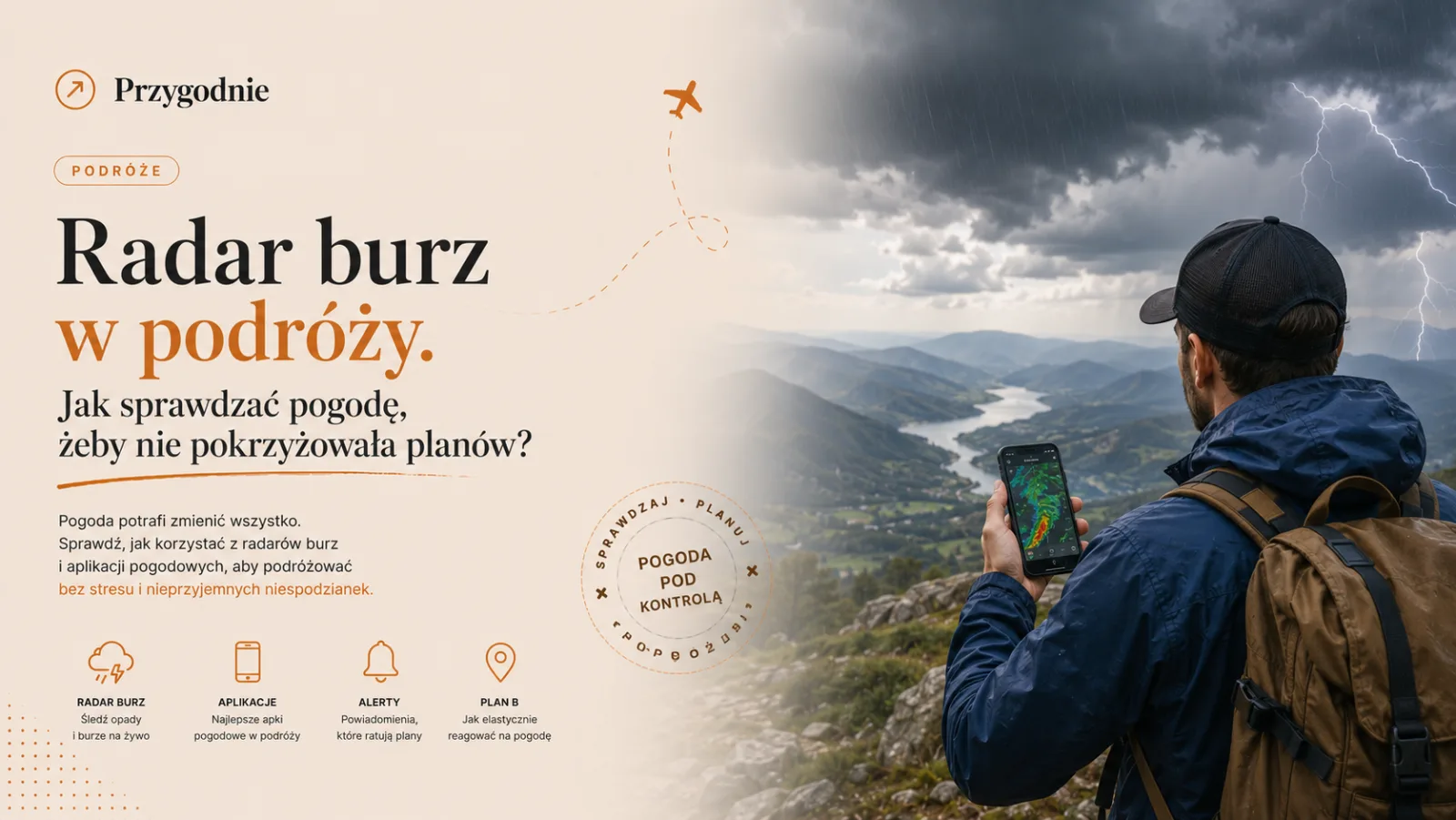 Ciemne chmury burzowe nad drogą i otwartym krajobrazem, symbolizujące sprawdzanie radaru burz w podróży.