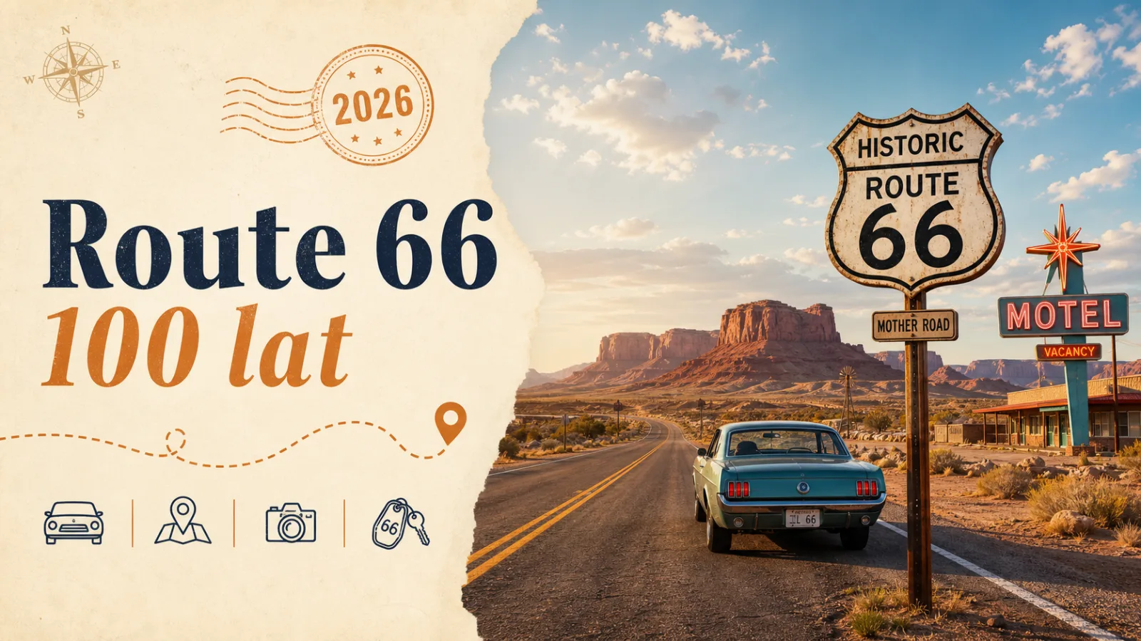 Okładka Przygodnie Route 66 100 lat z historycznym znakiem drogi, motelowym neonem, klasycznym autem i pustynną trasą USA.
