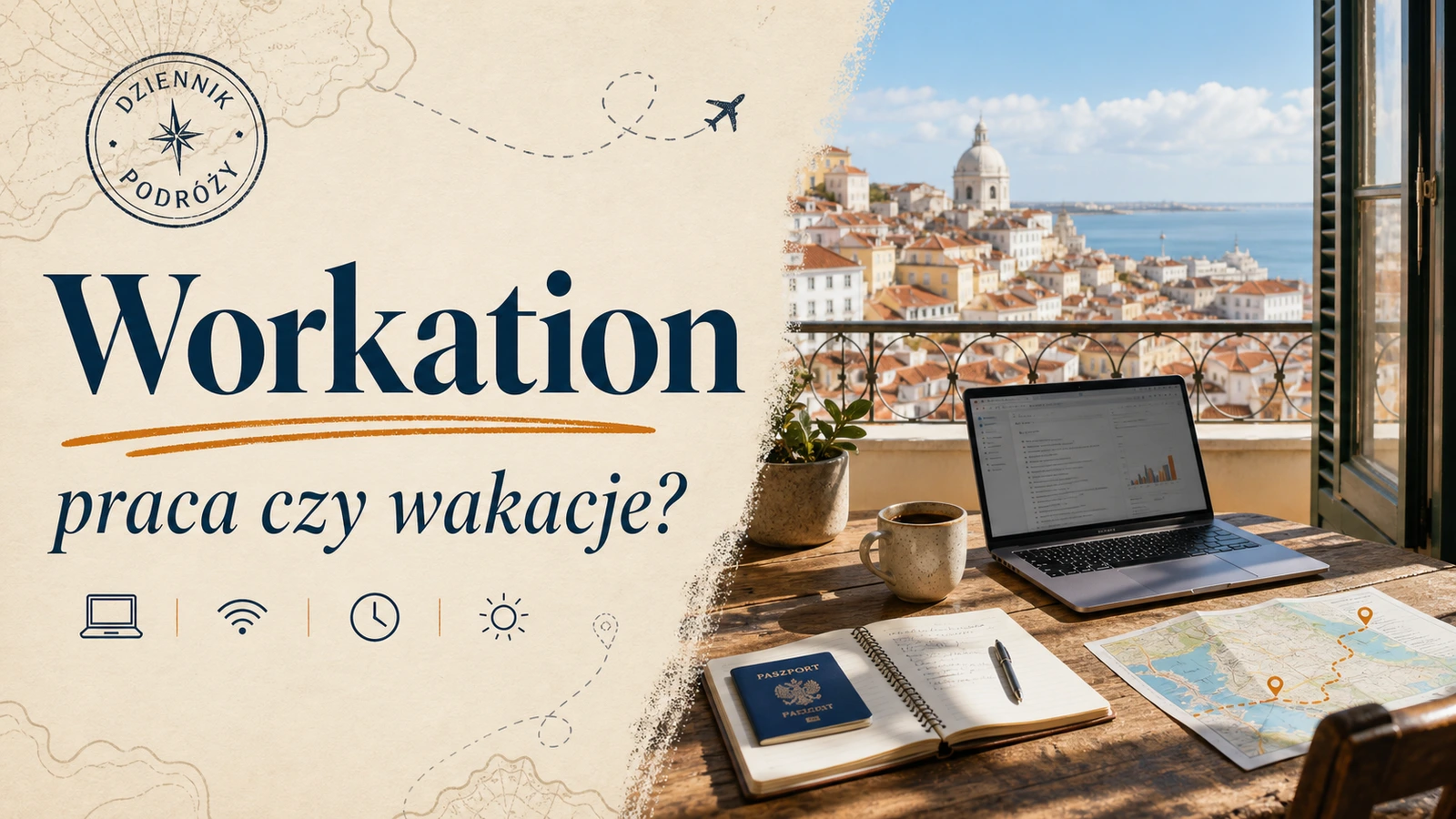 Okładka Przygodnie o workation z laptopem, mapą podróży, filiżanką kawy i widokiem na słoneczne miasto nad wodą.